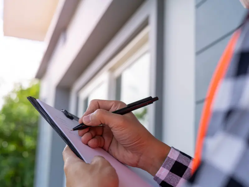 Inspector writing notes on a clipboard during an exterior home check as part of a Cordova rental property maintenance plan.