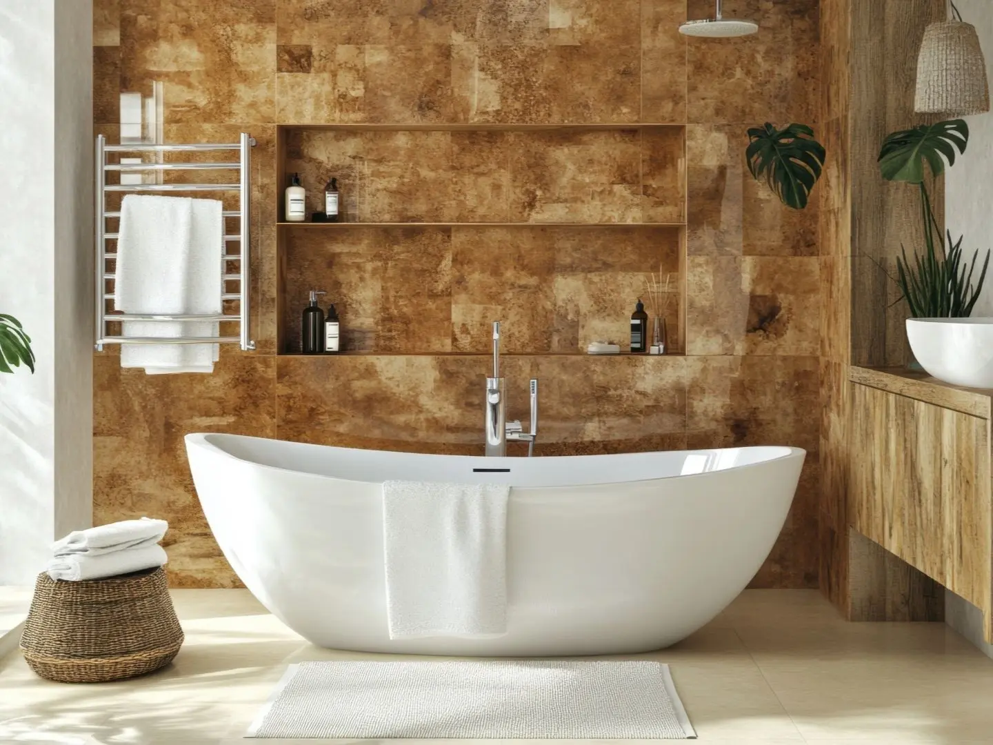 Modern bathroom renovation in Lakeland TN with freestanding soaking tub, tile wall, and open shelving.