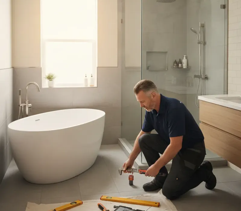 Technician completing bathroom renovation work in an Eads TN rental home for property management make ready and upgrade services