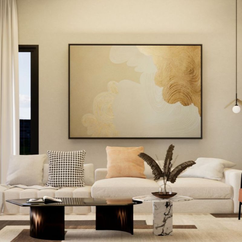 Modern renovated living room in a Cordova, TN rental with neutral decor, updated lighting, and staged seating