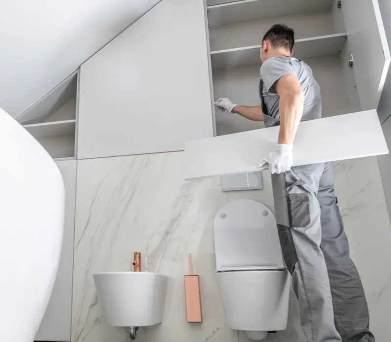 Contractor installing bathroom cabinetry during a renovation project in Memphis, TN.